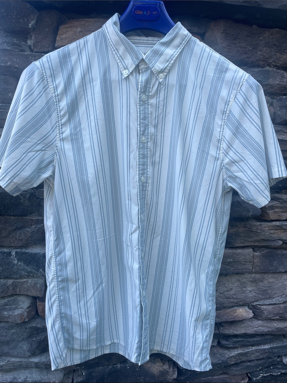 Abercrombie & Fitch White Short-Sleeve Button-Down with Light Blue Stripes